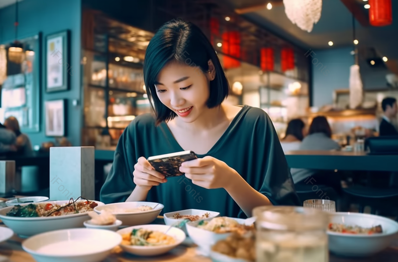 一名微笑的亚洲年轻女子正在餐拍下桌上新鲜的食物,高清,摄影图,摄影图片,图片大全,摄影图免费下载